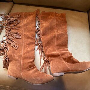 DIBA HEARTEE COGNAC MICROSUEDE FRINGE BOOTS.  ROUND TOE, LOW HEEL - SZ 7